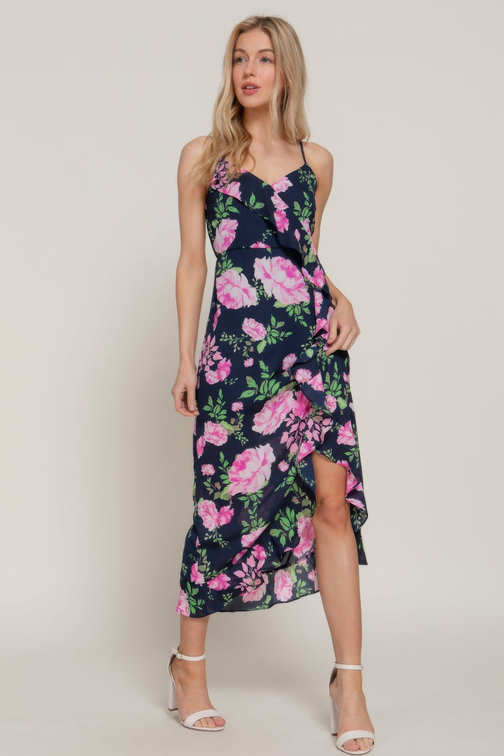 Floral Print Ruffle Slip Midi Dress