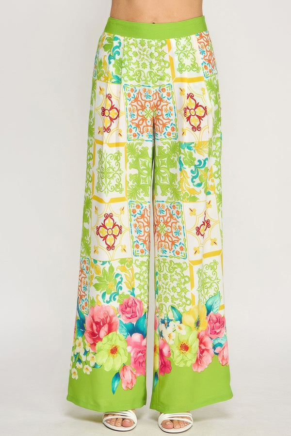 Printed Wide Leg Pants With Elastic Back