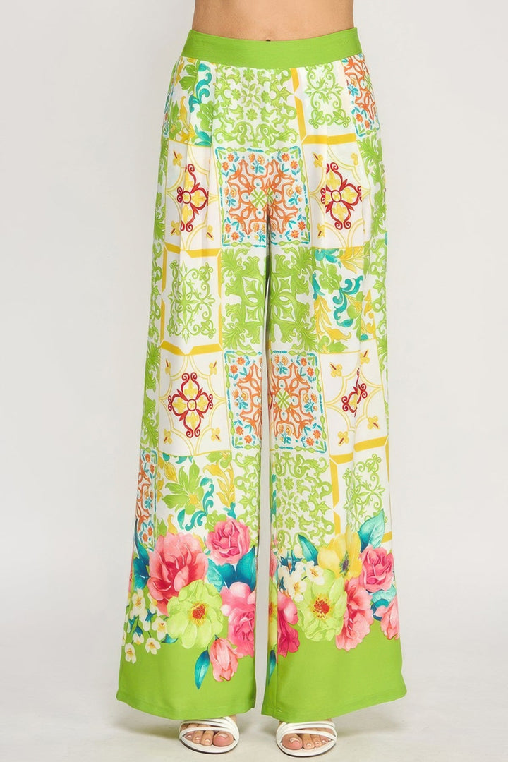 Printed Wide Leg Pants With Elastic Back