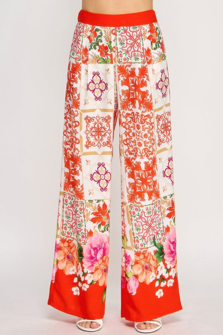 Printed Wide Leg Pants With Elastic Back