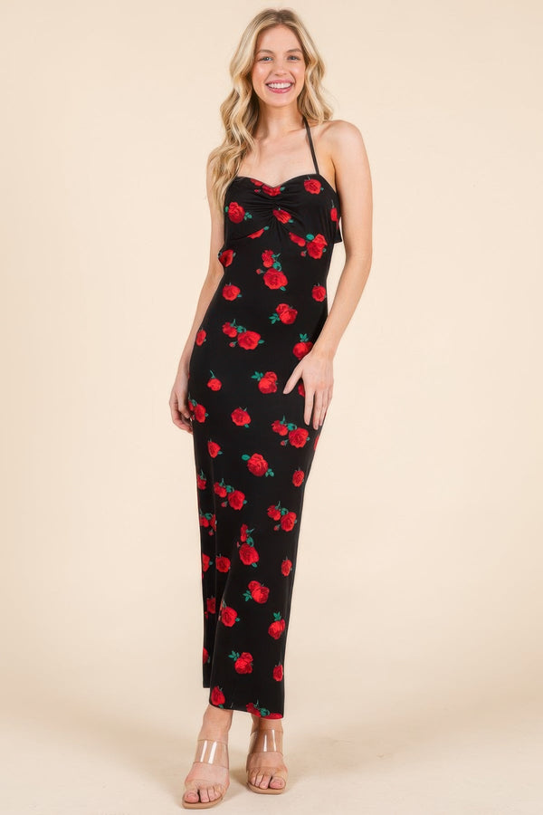 Sweet Heart Gathered Open Back Print Midi Dress