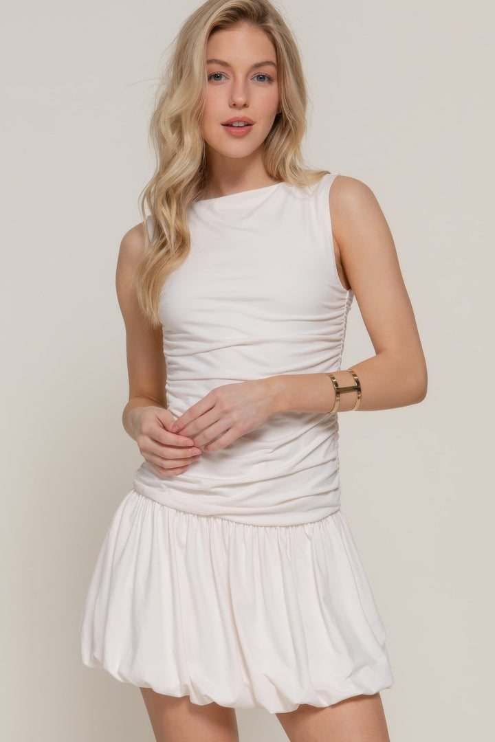 Sleeveless Boat Neck Voluminous Mini Dress