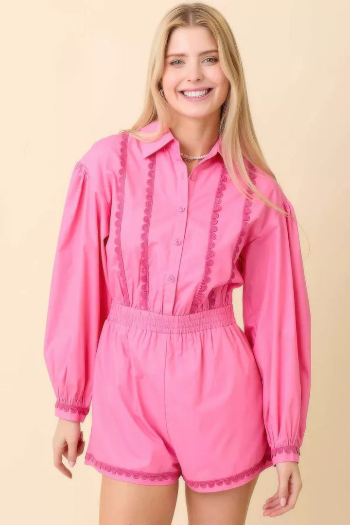 Long Sleeve Romper With Contrasting Scallop Lace