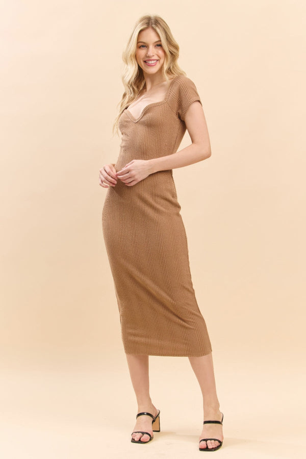 Sweet Heart Neck Bubble Rib Short Sleeve Dress