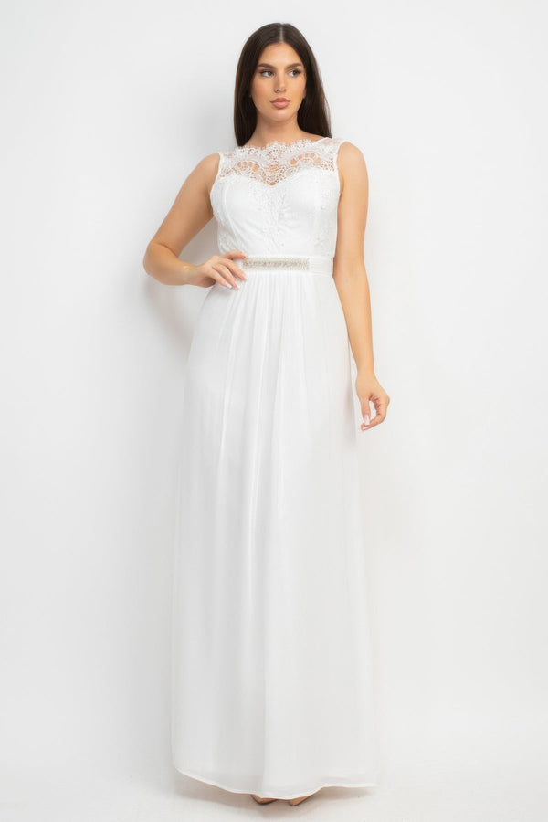 Jewel Waist-tie Lace Maxi Dress