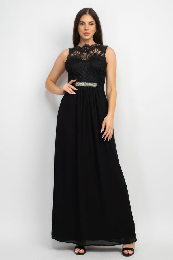 Jewel Waist-tie Lace Maxi Dress