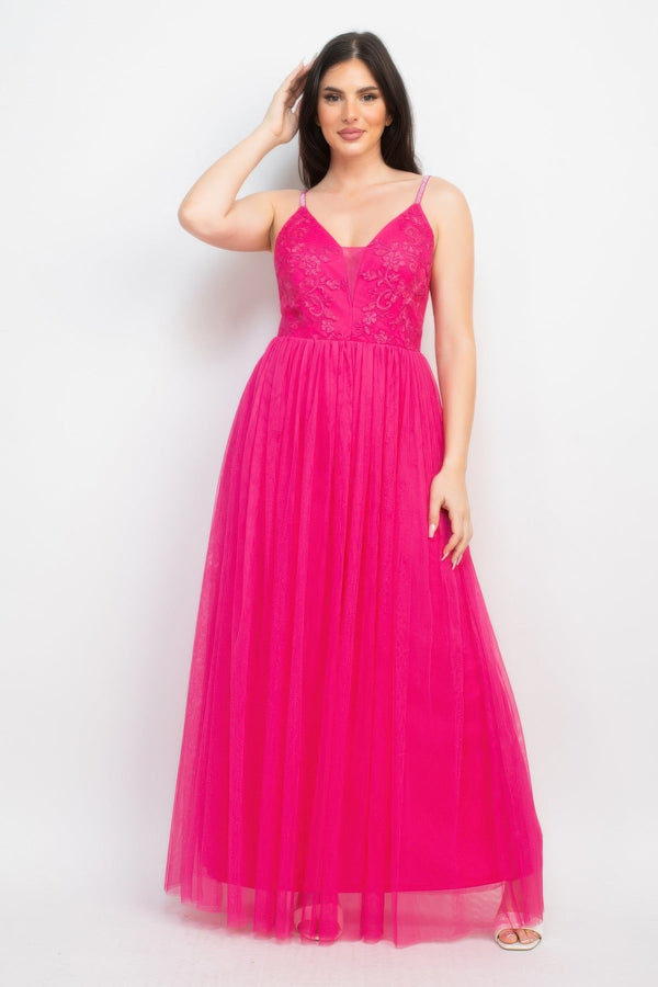 Glittered Straps Mesh Tulle Maxi Dress