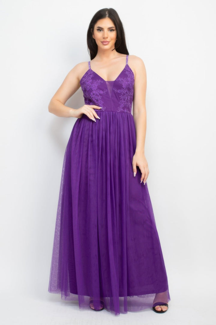 Glittered Straps Mesh Tulle Maxi Dress