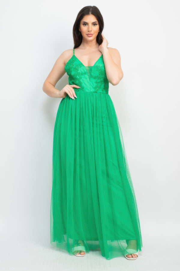 Glittered Straps Mesh Tulle Maxi Dress