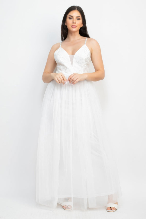 Glittered Straps Mesh Tulle Maxi Dress