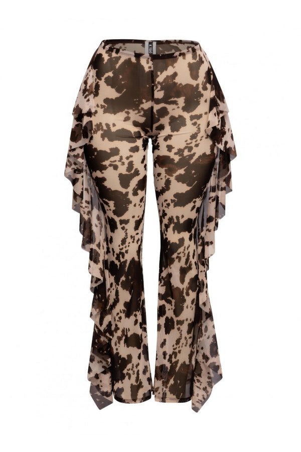Side Ruffle Detailed Printed Mesh Pants