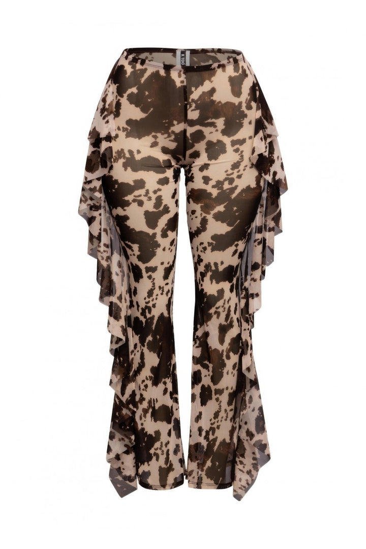 Side Ruffle Detailed Printed Mesh Pants