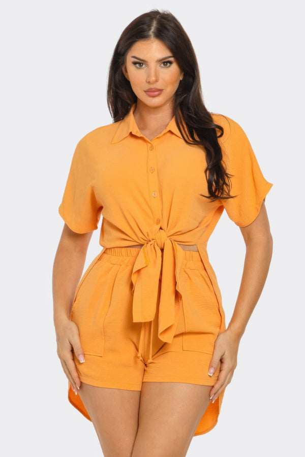 Front Tie Back Oversized Slit Top And Shorts Set