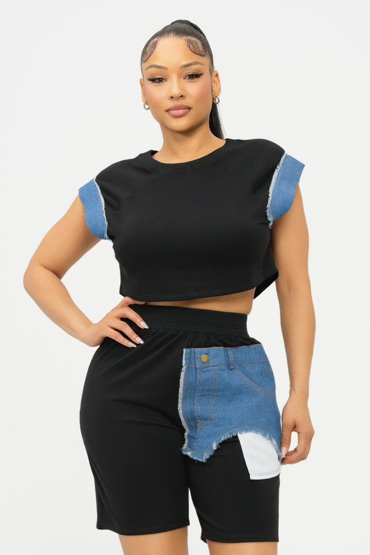 Color Block Denim Sleeve Top And Biker Shorts Set