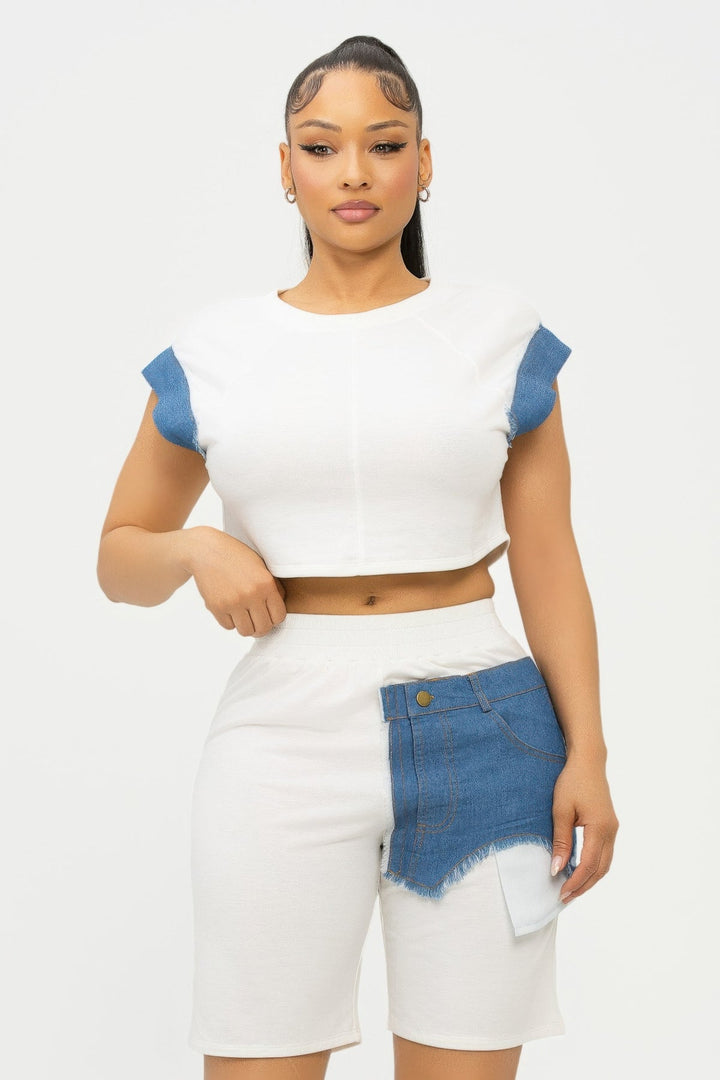 Color Block Denim Sleeve Top And Biker Shorts Set