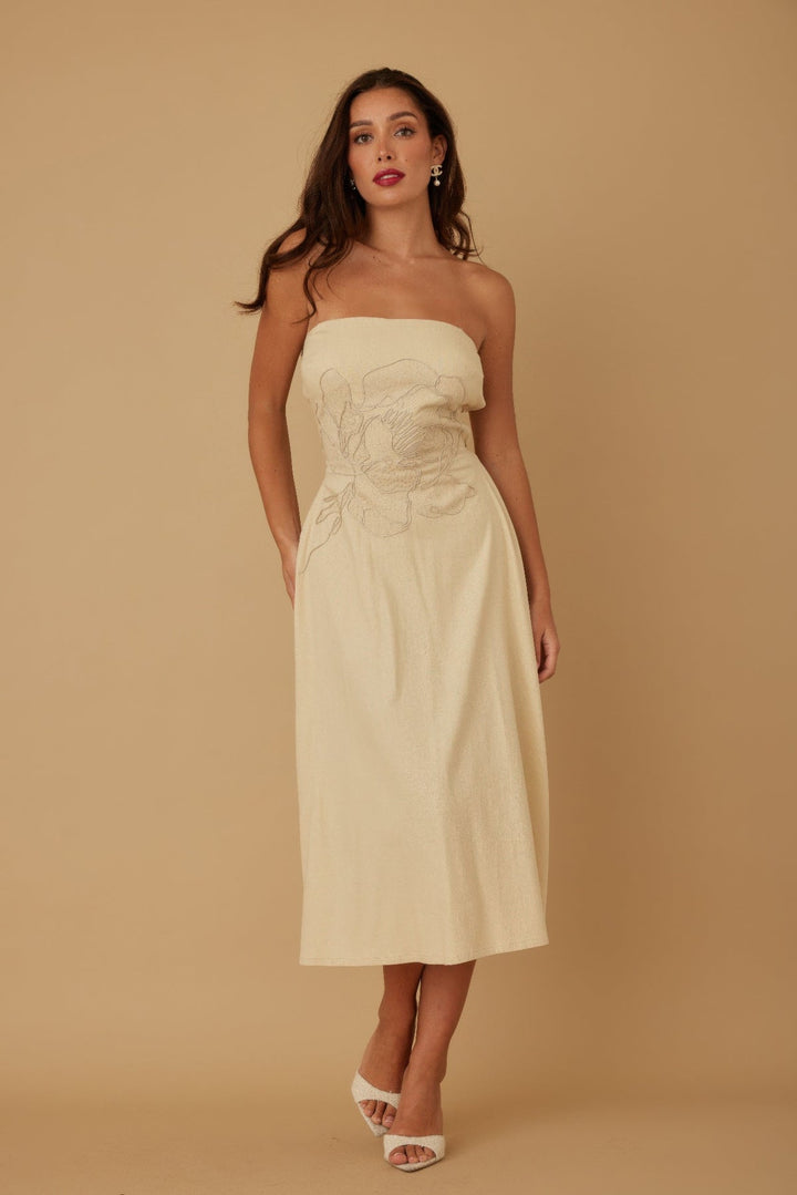 Flower Lining Linen Pattern Strapless Dress