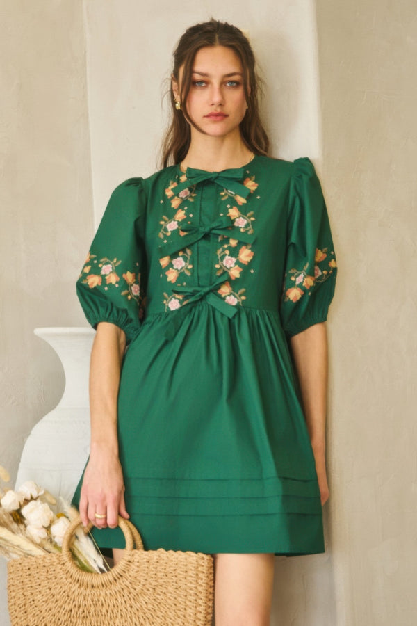 Poplin Front Ribbon Tie Baby Doll Dress