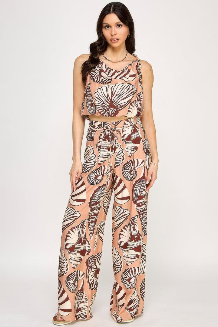 Printed Sleeveless Bubble Hem Top And Paper Bag Waist Pants Set