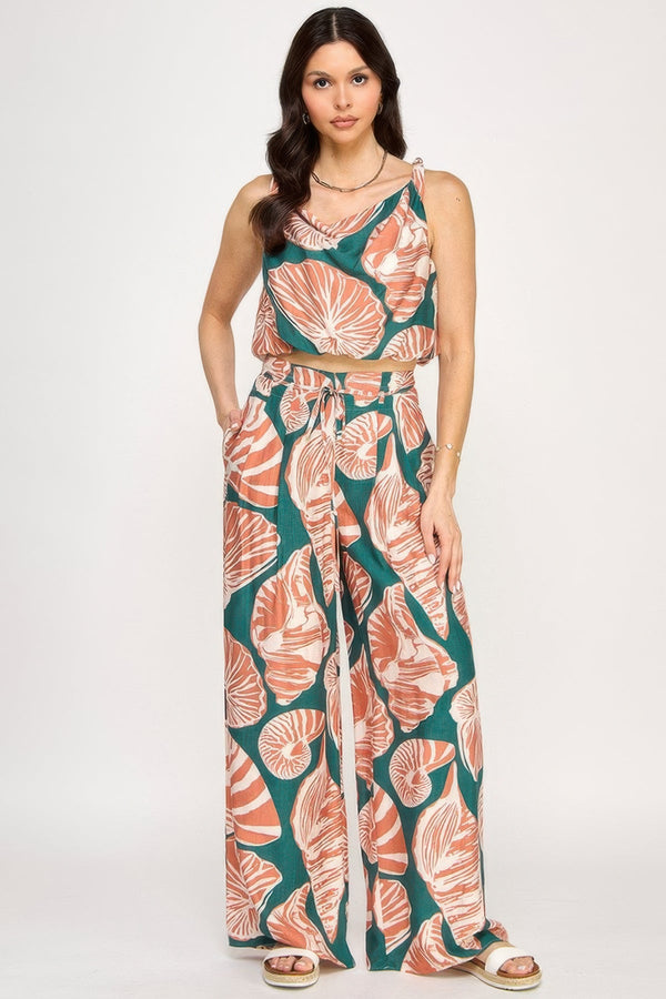 Printed Sleeveless Bubble Hem Top And Paper Bag Waist Pants Set