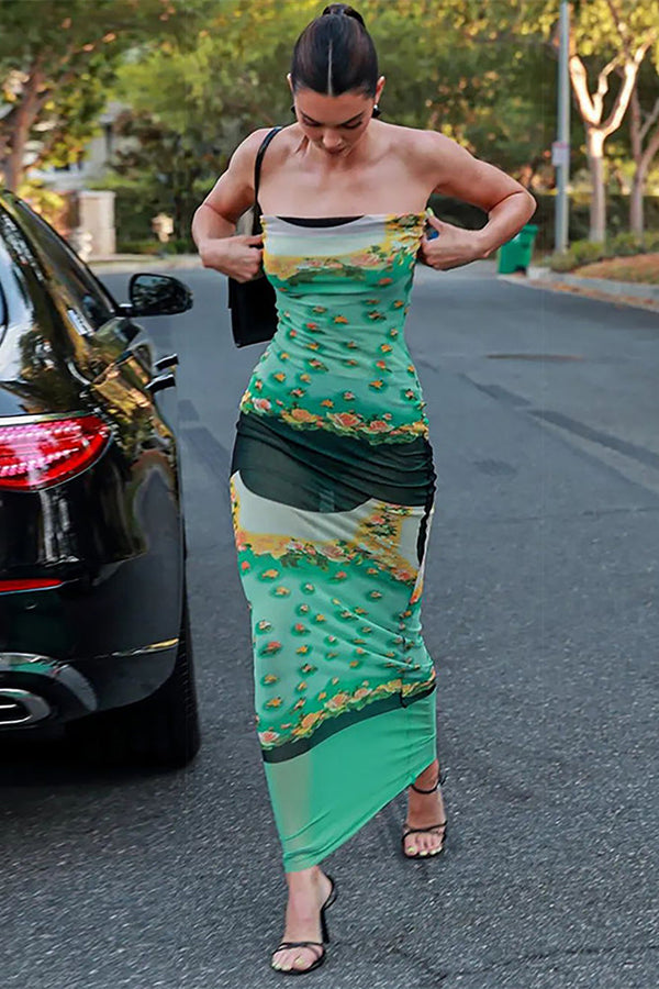 Green Mesh Flower Printed Sexy Fitted Stretchy Maxi Dress