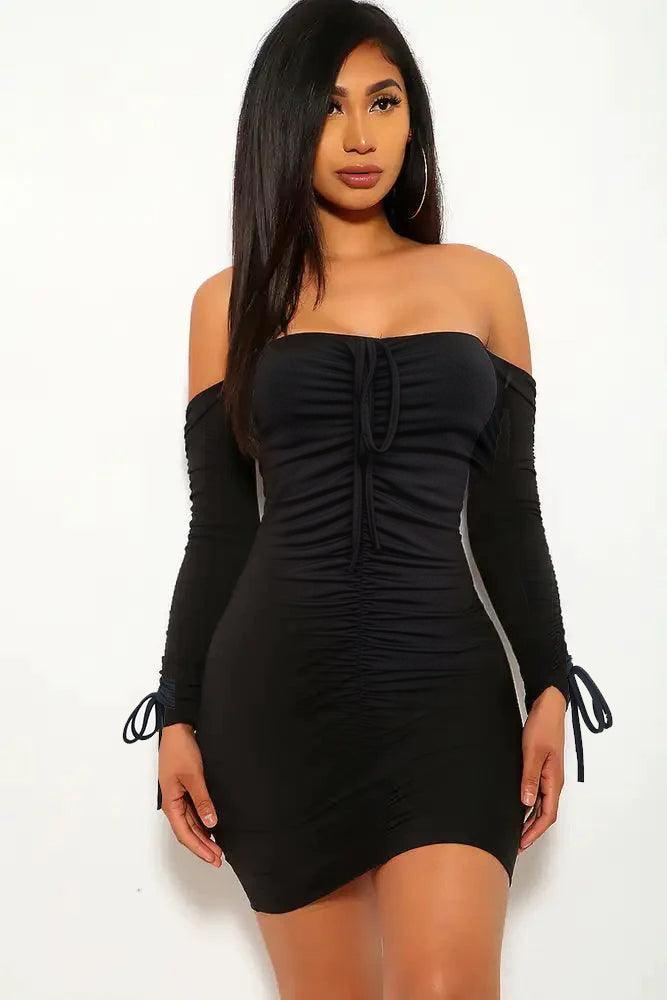 Black Ruched Off Shoulder Long Sleeve Dress FD6116