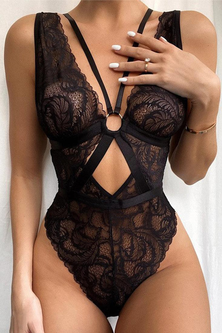 Black Strappy Lace Sexy Bodysuit Lingerie