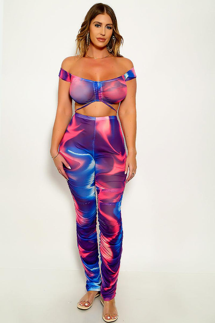 Pink Blue Tie Dye Mesh Off The Shoulder Top Pants 2 Pc Sexy Outfit