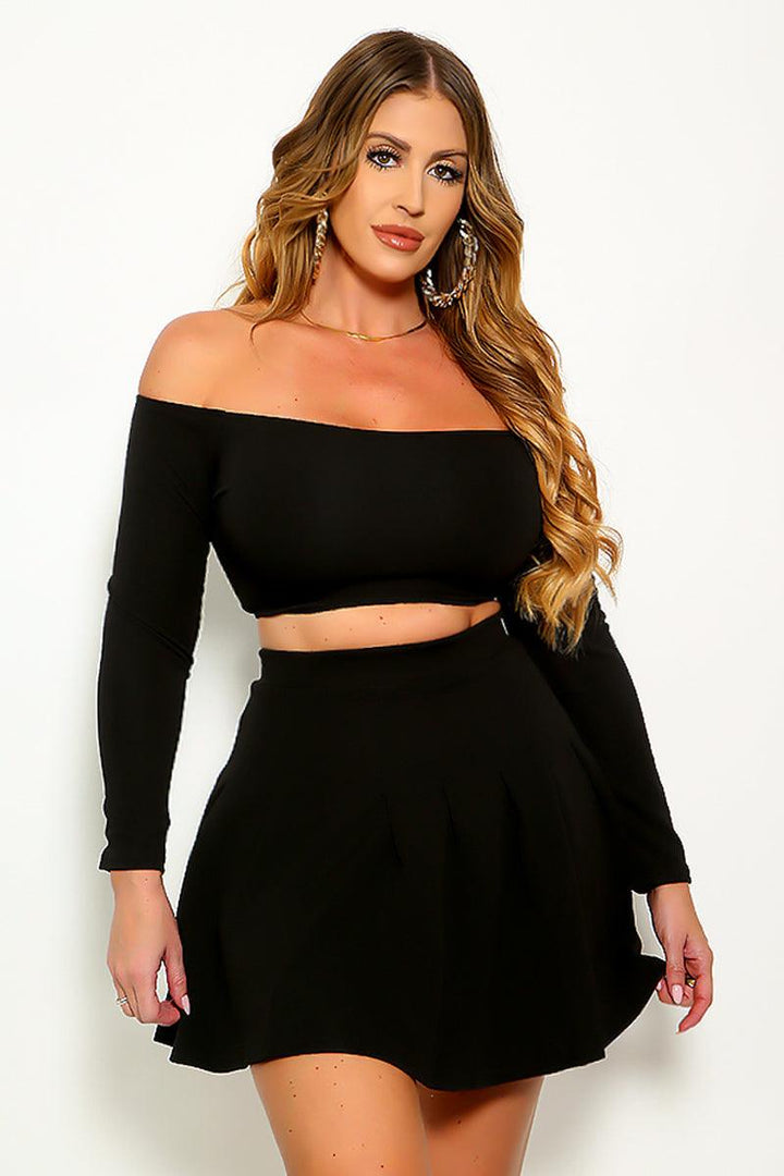 Black Long Sleeve Off The Shoulders Skater Skirt 2 Pc Sexy Outfit
