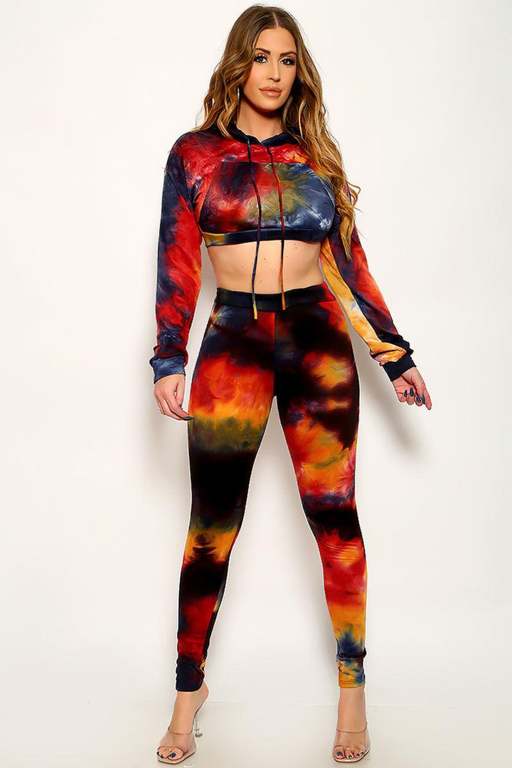 Tie Dye Hooded Long Sleeve Crop Top Leggings 2Pc Sexy Outfit