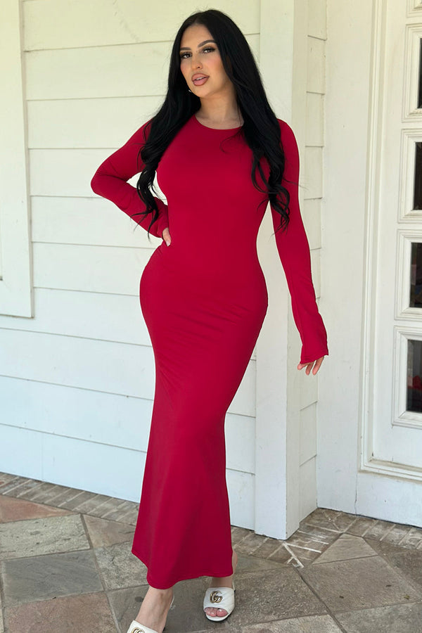 Wine Long Bell Sleeves Fitted Flare Fleece Long Maxi Party Dress