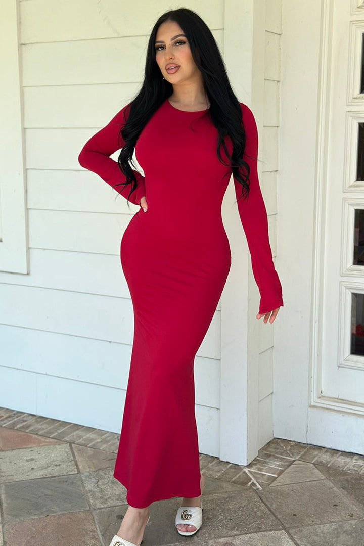 Wine Long Bell Sleeves Fitted Flare Fleece Long Maxi Party Dress