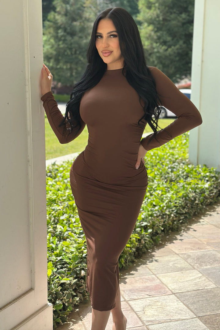 Brown Long Sleeves Fitted Back Slit Sexy Midi Party Dress