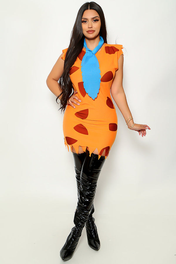 Orange Animal Print Felt Blue Tie 2Pc Sexy Flintstone Bam Costume