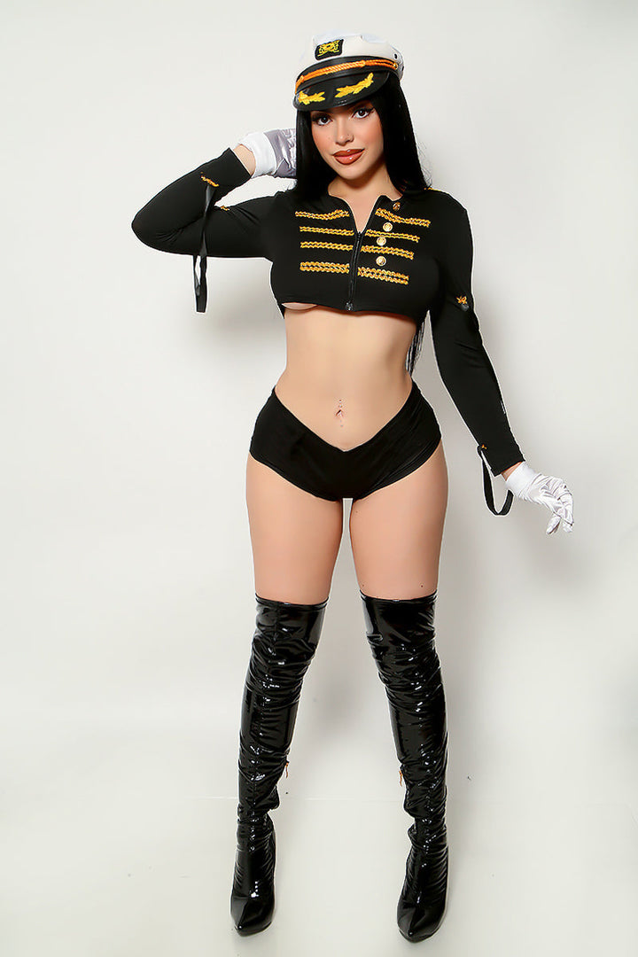 Black Gold Buttons Zipper Long Sleeve Booty Shorts Sexy Uniform Costume