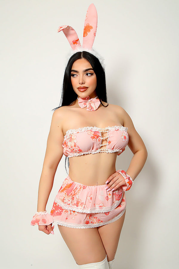 Pink Flower Print Strapless Skirt Sexy 6Pc Bunny Costume