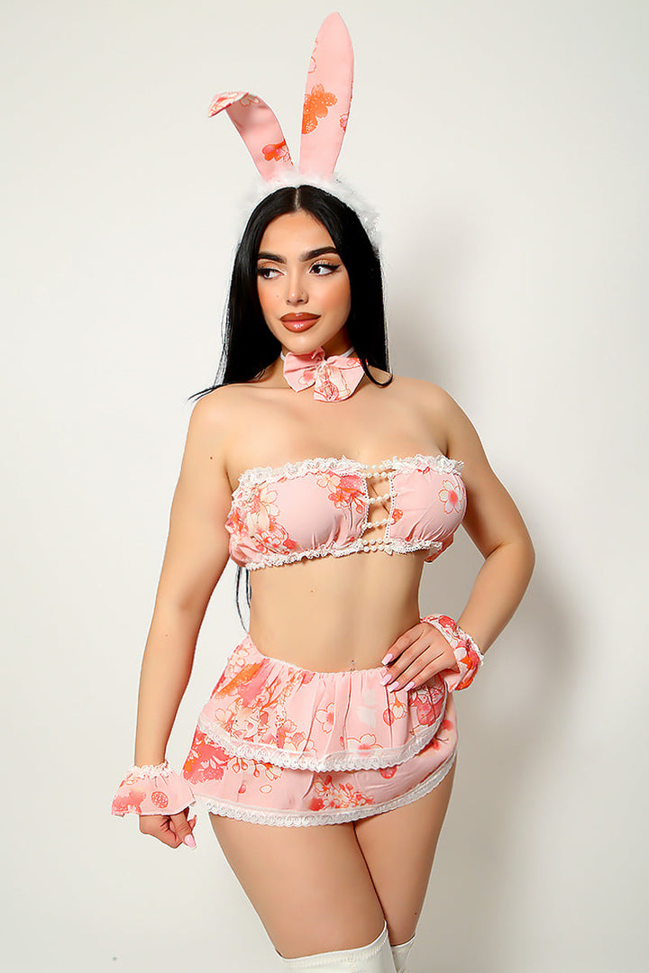 Pink Flower Print Strapless Skirt Sexy 6Pc Bunny Costume