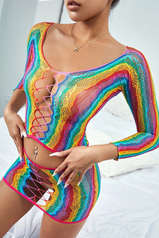 Multi Color Sexy Fishnet 2Pc Outfit Dress