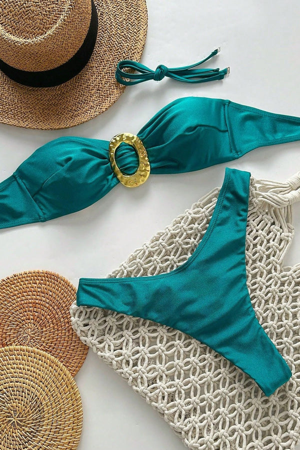 Jade Green Gold Decor Bandeau Ruched Butt Thong Sexy 2Pc Swimsuit Bikini