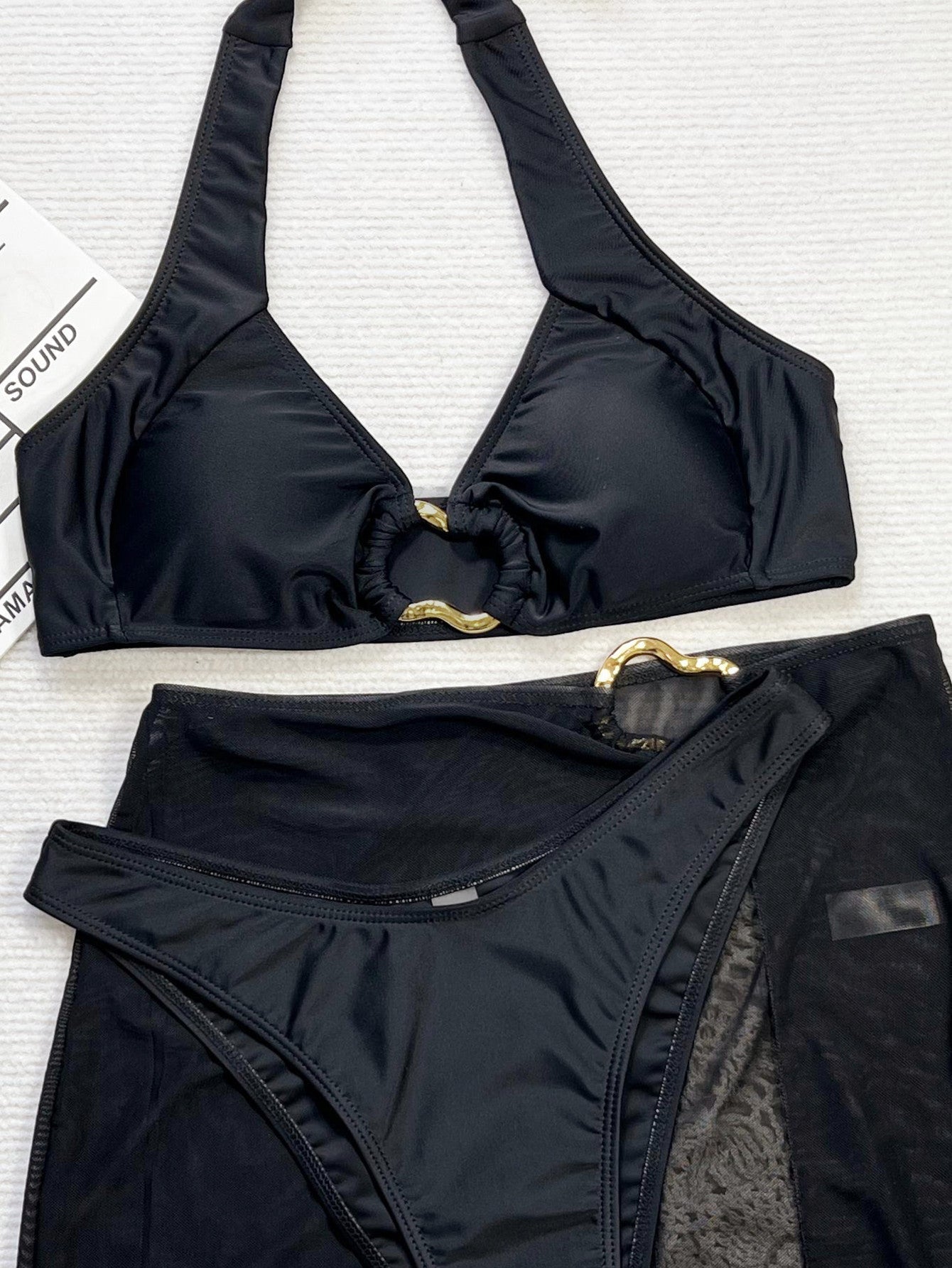 Black Old Decor Halter Padded Mesh Cover-Up Sexy 3Pc Swimsuit Set