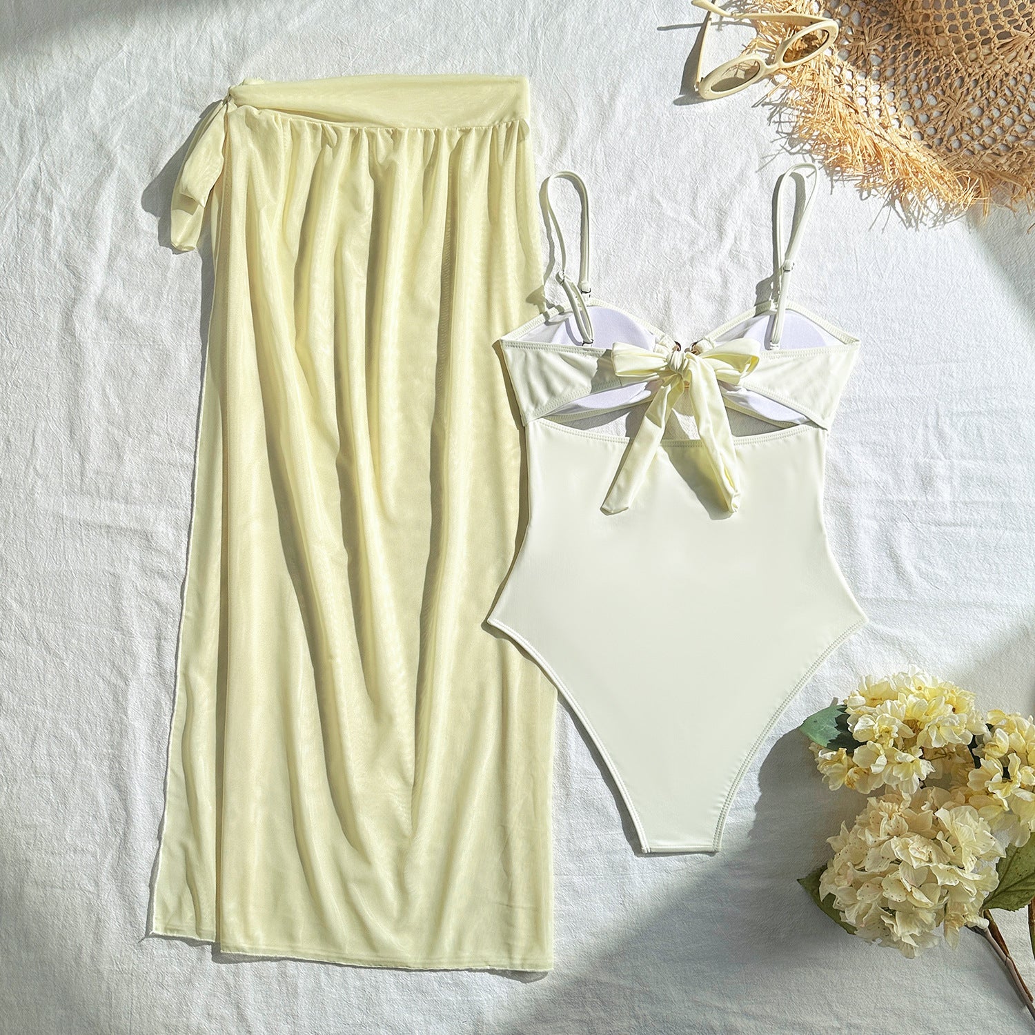 Off White Gold Starfish Cut-Out Monokini Maxi Cover-Up Sexy 2Pc Swimsuit Set