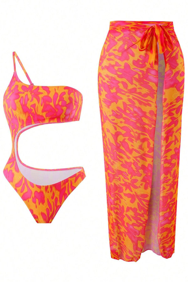 Orange Leopard One Should Monokini Maxi Cover-Up Skirt Sexy 2Pc Swimsuit Set