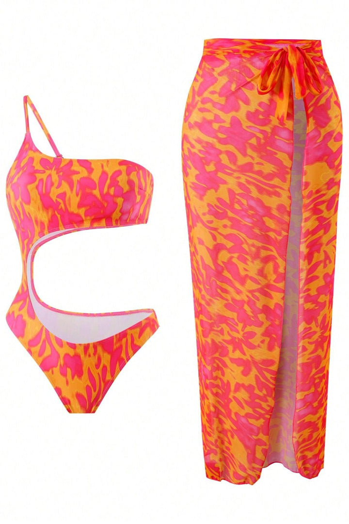 Orange Leopard One Should Monokini Maxi Cover-Up Skirt Sexy 2Pc Swimsuit Set