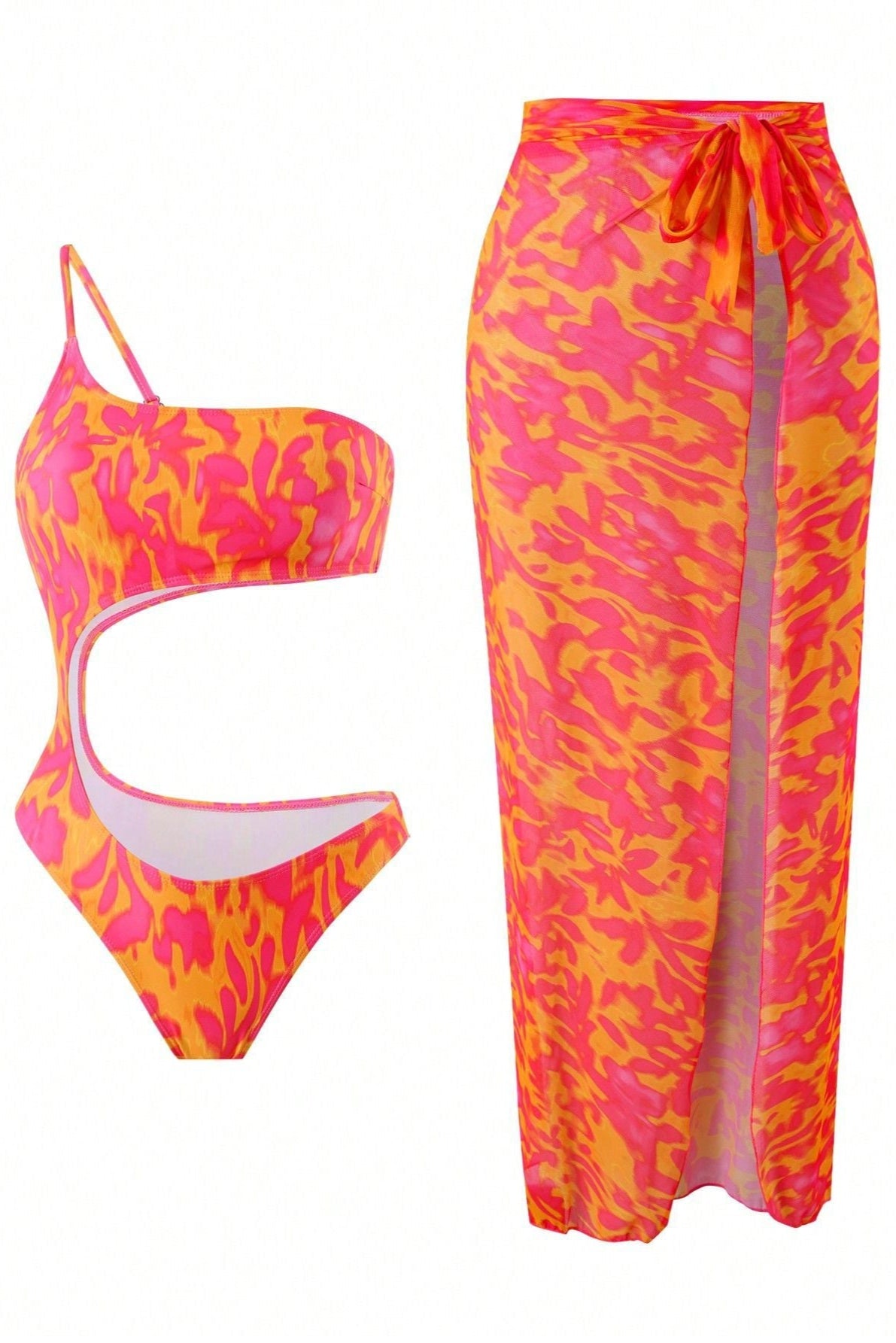 Orange Leopard One Should Monokini Maxi Cover-Up Skirt Sexy 2Pc Swimsuit Set