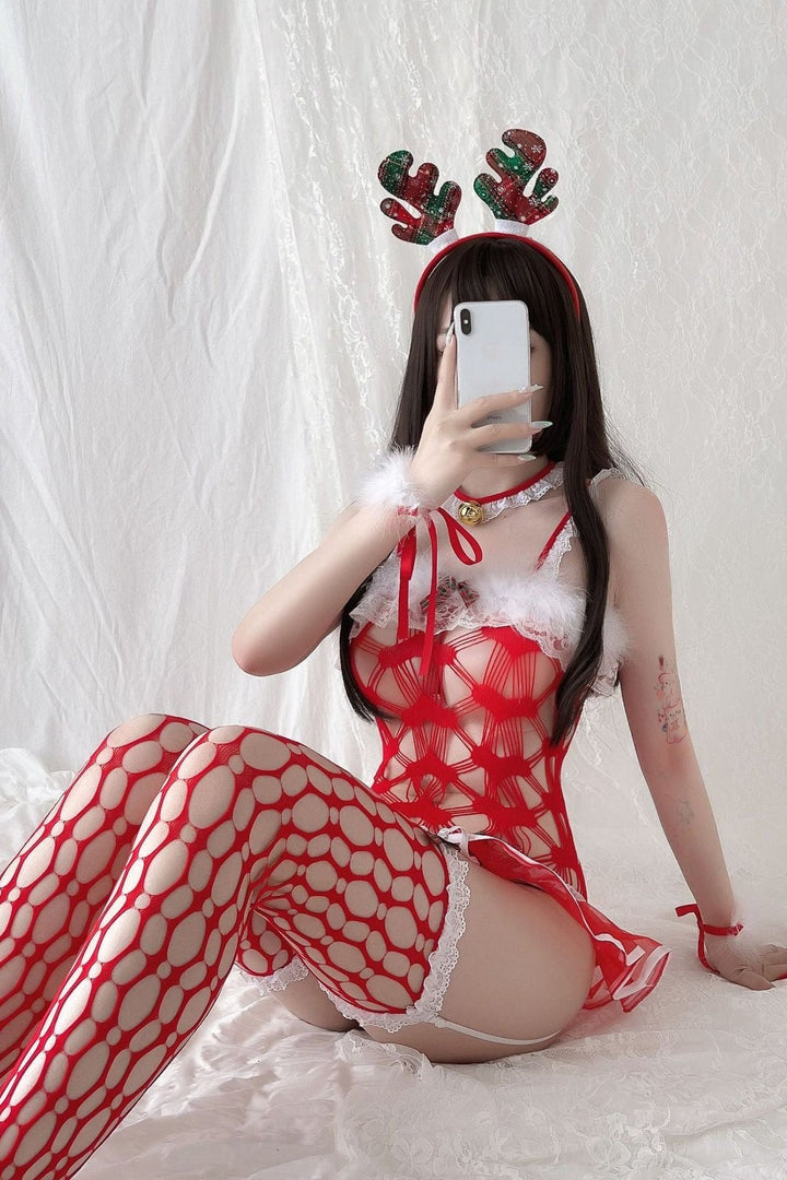 Red Stretchy Netted White Fur Lace Bell Sexy 7Pc Holiday Intimate Outfit