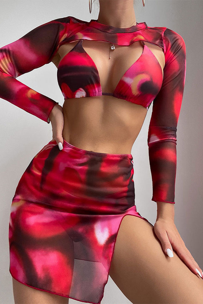 Red Tie Dye Long Sleeve Skirt Cover-Up Triangle 4Pc Swimsuit Set