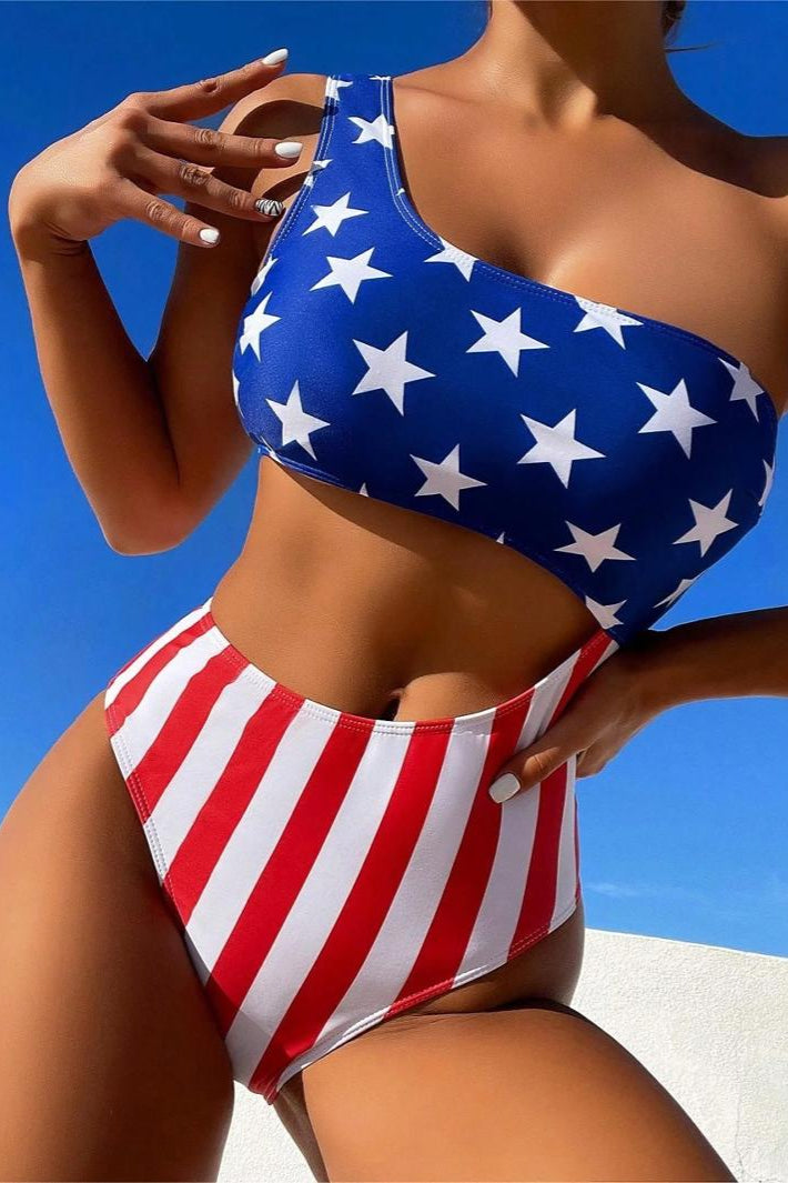 Blue Star Red Stripe Flag Print One Shoulder Cut-Out Sexy 1Pc Swimsuit Monokini