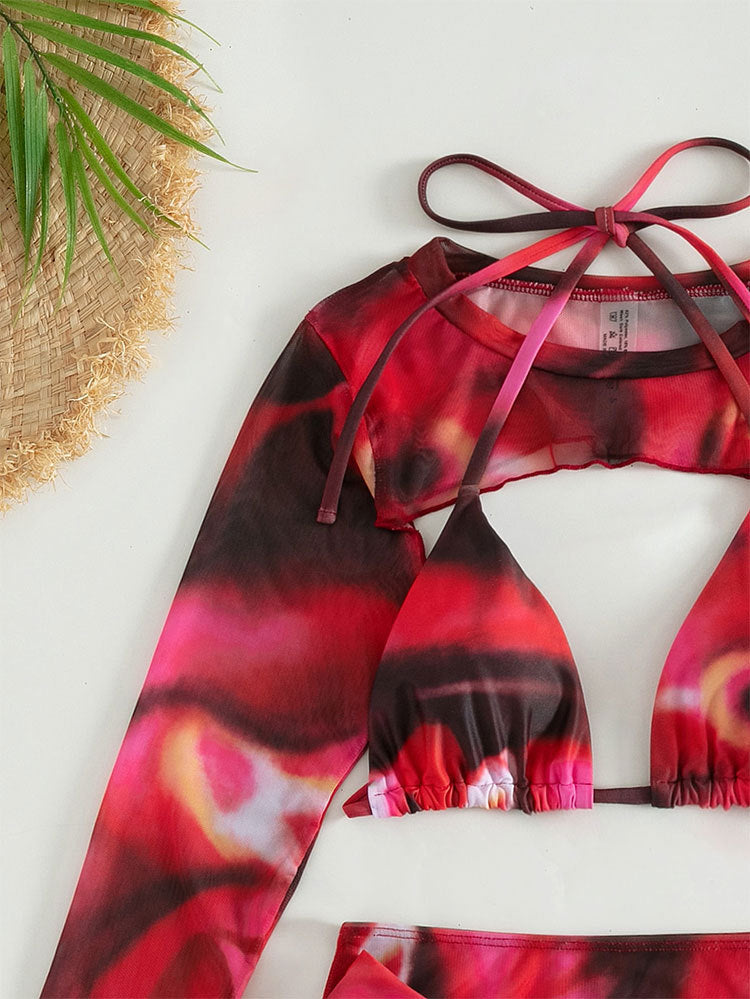Red Tie Dye Long Sleeve Skirt Cover-Up Triangle 4Pc Swimsuit Set