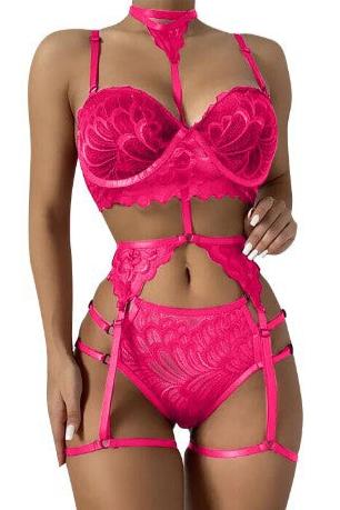 Sexy Choker Pink Floral Lace Garter Belt Panty 3 Pc Set GT245