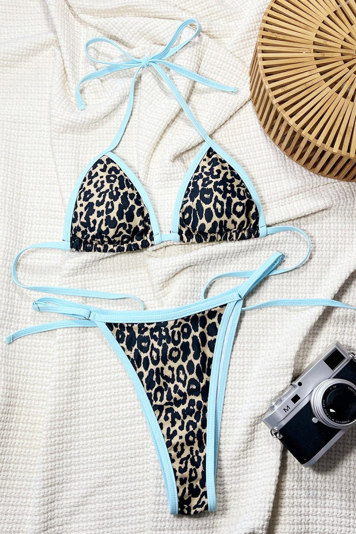 Leopard Print Blue Trim Triangle Cheeky Sexy 2Pc Swimsuit Set Bikini
