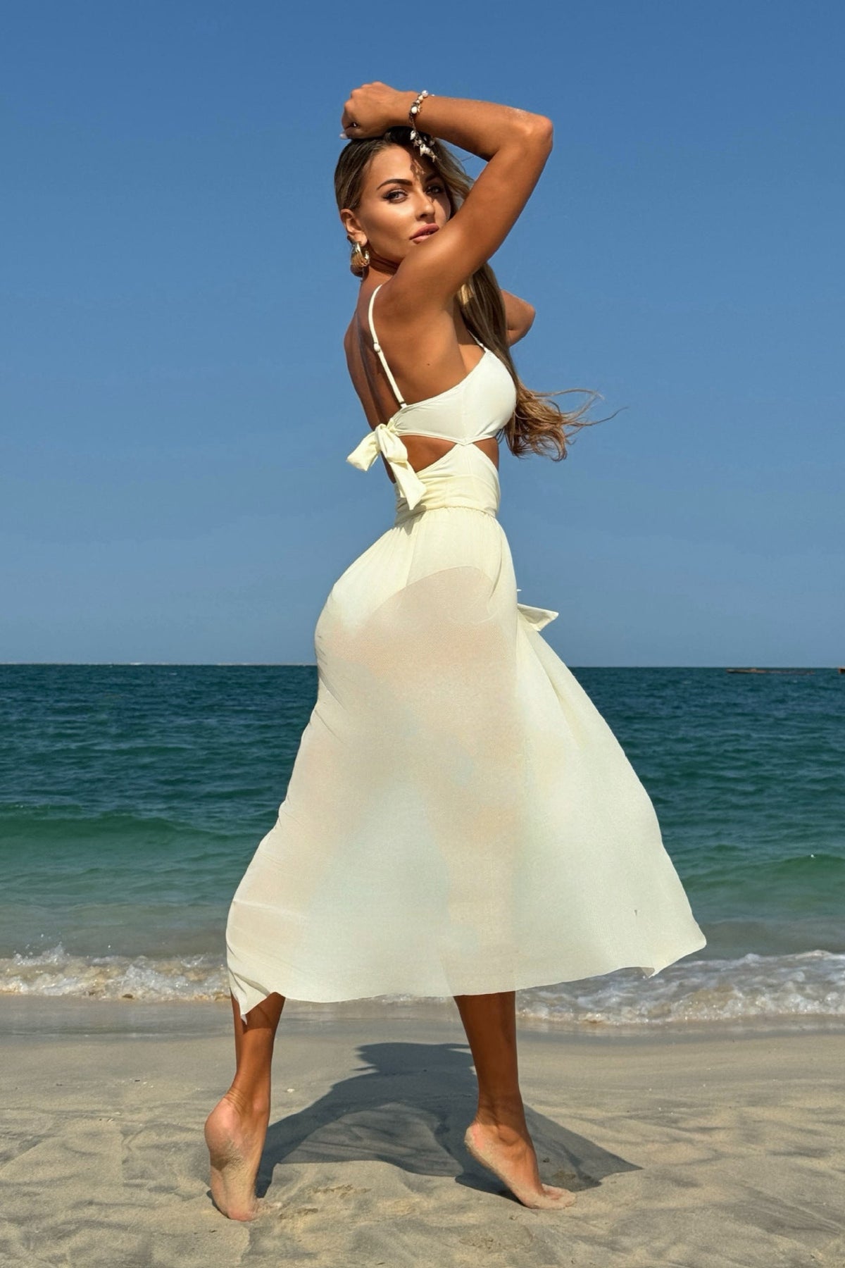 Off White Gold Starfish Cut-Out Monokini Maxi Cover-Up Sexy 2Pc Swimsuit Set